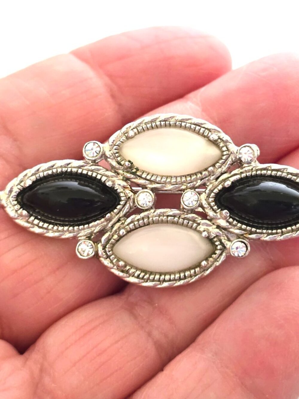 Vintage Silver Tone Metal Black Onyx Mother of Pearl Large brooch pin